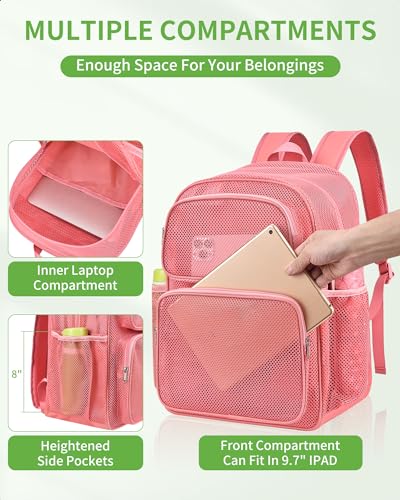 MAY TREE Mesh Backpack Heavy Duty Big Mesh Bag Large Capacity for Travel Beach Hiking Outdoor Sports with Paded Strap, Pink - color: Pink