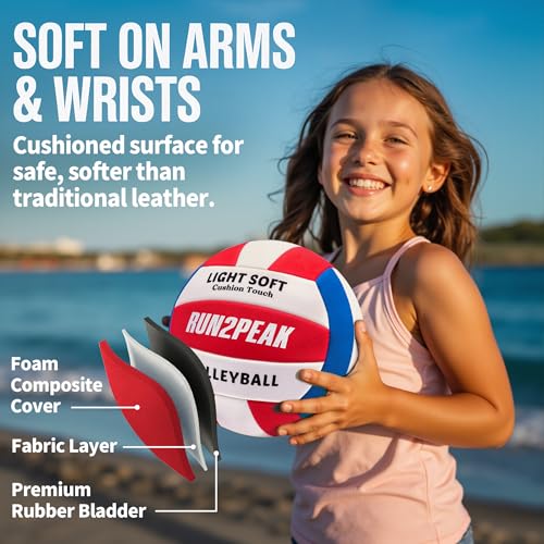 RUN2PEAK Light Soft Beginner Volleyball - Lightweight EVA Soft Foam Composite Cover Training Ball, Official Size 5 - Gentle on Arms, Safe for Indoor Play, Youth Practice, or Recreational Games