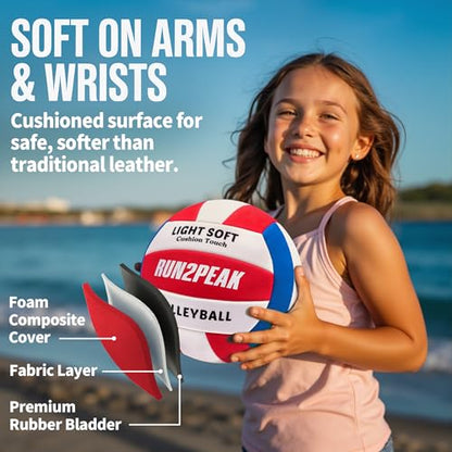 RUN2PEAK Light Soft Beginner Volleyball - Lightweight EVA Soft Foam Composite Cover Training Ball, Official Size 5 - Gentle on Arms, Safe for Indoor Play, Youth Practice, or Recreational Games