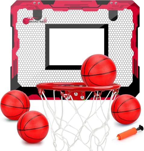 Indoor Mini Basketball Hoop Set Gift for Kids Adults, Upgrade Over Door Hoop with 4 Rubber 6" Balls, Wall Mount Hoop for Bedroom Yard, Christmas Stocking Stuffer Gift for Boys Teen - color: Red