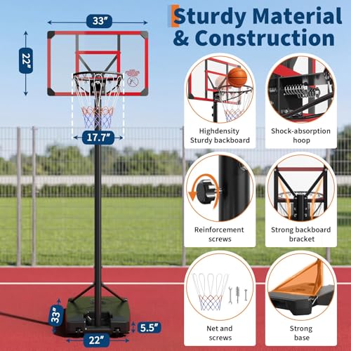 Kids Basketball Hoop Outdoor, Adjustable Height Portable Basketball Hoops & Goals with 33 inch PC Backboard for Backyard, Driveway and Court - color: Black/Red