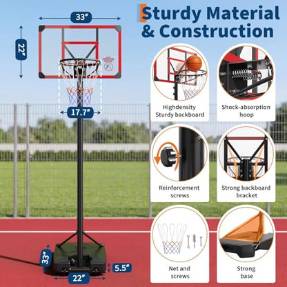 Kids Basketball Hoop Outdoor, Adjustable Height Portable Basketball Hoops & Goals with 33 inch PC Backboard for Backyard, Driveway and Court - color: Black/Red
