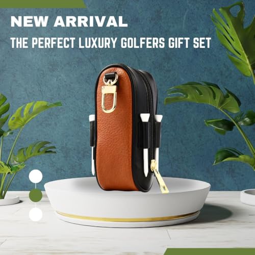 Spring Golf Tournament Prize Gift for Men and Women - Luxury Golf Accessories Set, Vegan Leather Case, 3 Golf Balls, Tees, Divot Tool Knife & Bag with Hook