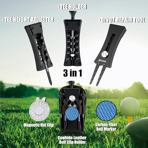 SANDIAN, All-in-1 Value Pak, Adjustable Golf Tee Height Setter with Divot Tool, Genuine Carbon Fiber Made Pitchfork, Super Lightweight, T800 Ball Marker, Hat Clip, Tees, Leather Holster, Zipper Case - color: Shiny Black Full