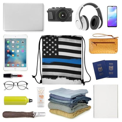 Gym Drawstring Backpack Sackpack Water Resistant for Sports Beach Yoga Travel Unisex, Thin Blue Line Flag Police American Bags - color: Picture (757)