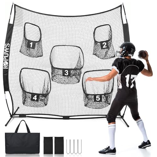 Football Throwing Net: 7x7FT Football Net for Throwing Multi-Sport Practice Net with 5-Target Heavy-Duty Impact-Resistant Throwing & Kicking for Football/Soccer/Baseball/Tennis/Golf with Carry Bag