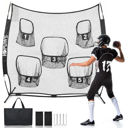 Football Throwing Net: 7x7FT Football Net for Throwing Multi-Sport Practice Net with 5-Target Heavy-Duty Impact-Resistant Throwing & Kicking for Football/Soccer/Baseball/Tennis/Golf with Carry Bag