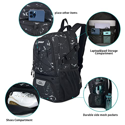 GRANDUP Basketball backpack with ball and shoes compartment Fit Volleyball, soccer, Swim, Gym, Travel, and School, large capacity sports training equipment bags - color: black marble