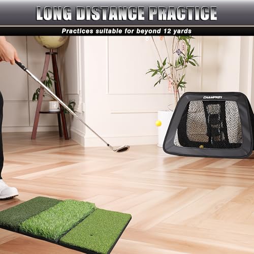 CHAMPKEY Double Sided Golf Chipping Net Come with Tri-Turf Hitting Mat and 12 Foam Golf Balls - 5 Ply-Knotless Netting Golf Targets System Ideal for Short and Long Distance Training (Standard Version)