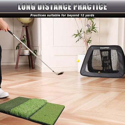 CHAMPKEY Double Sided Golf Chipping Net Come with Tri-Turf Hitting Mat and 12 Foam Golf Balls - 5 Ply-Knotless Netting Golf Targets System Ideal for Short and Long Distance Training (Standard Version)
