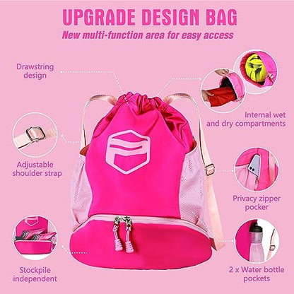 Soccer Ball Bags, Drawstring Basketball Backpack for Sport Training with Ball Shoe Dry and Wet Compartments(Pink)