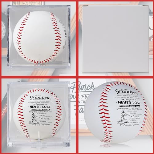 SYNGUCK Baseball Gift for Grandson-Clear Acrylic Display Case-Heartfelt Grandparents to Grandson Baseball with Inspirational Message - Perfect Birthday, Graduation Gift - style: Love,grandpa&grandma(Style 2)