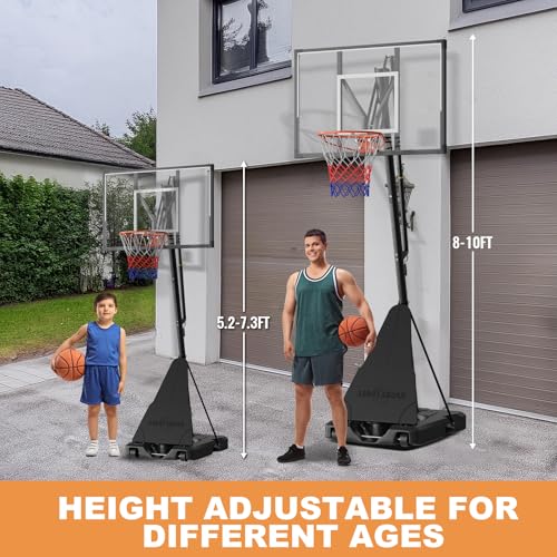 Portable Outdoor Basketball Hoop, 44 Inch Shatterproof PC Backboard, 5-10FT Hand Pull Height Adjustable with Wheels, Perfect for Kids, Teens & Adults, Backyard Driveway Indoor Use