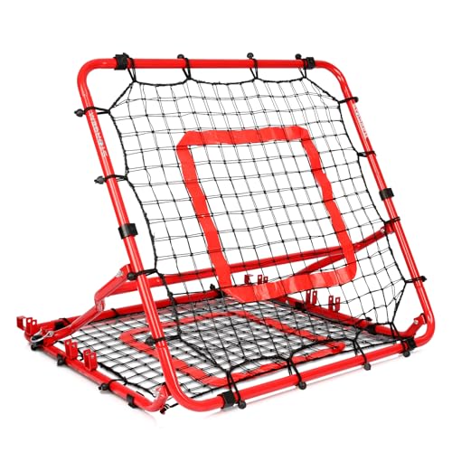 Storgem Baseball Softball Rebounder Net, Pitch Back Rebound Net,Soccer Rebound Net, Fielding Rebounder,Double Sided Adjustable Multi-Sports Pitching Rebound Net for Throwing Practice - style: 33 x 33in-Red