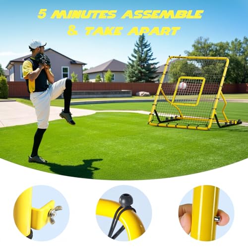 Baseball Rebounder Net,4x4.5FT Multi-Sport Pitch Back Rebounder Steel Frame with 4 Adjustable Angles, 40pcs Bungees Soccer, Volleyball&Lacrosse Trainer for Solo Fielding - color: Yellow