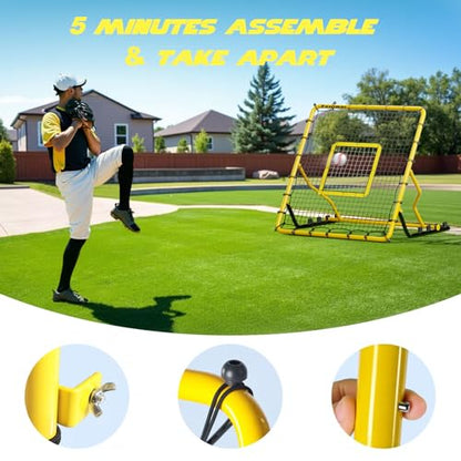 Baseball Rebounder Net,4x4.5FT Multi-Sport Pitch Back Rebounder Steel Frame with 4 Adjustable Angles, 40pcs Bungees Soccer, Volleyball&Lacrosse Trainer for Solo Fielding - color: Yellow