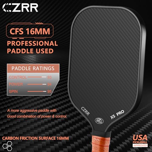 Pickleball Paddle, USA Pickleball Approved, 3K Raw Carbon Fiber Surface (CFS) High Grit & Spin, with 16MM Polypropylene Honeycomb Core, Ideal for Novice and Professional Players - style: 16MM