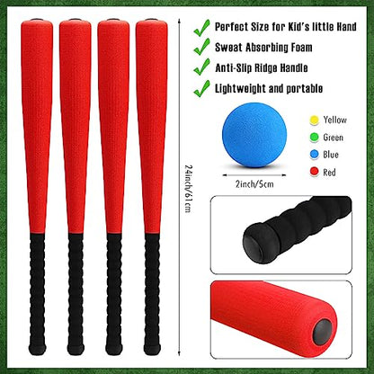 Wettarn 4 Pcs Foam Baseball Bat 24 Inches Foam Bat with Safe Soft Baseballs T Ball Set for Outdoor Indoor Sport Game Beginners Practice Playing Training(Red)