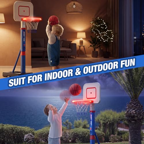 HYES Toddler Basketball Hoop with Scoreboard/LED Basketball Rim/4 Balls, 55" Height Adjustable Basketball Hoop for Kids 3-5, Indoor Outdoor Sport Toys Birthday Gifts for Baby Boys Girls