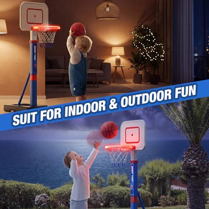 HYES Toddler Basketball Hoop with Scoreboard/LED Basketball Rim/4 Balls, 55" Height Adjustable Basketball Hoop for Kids 3-5, Indoor Outdoor Sport Toys Birthday Gifts for Baby Boys Girls