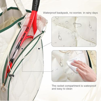 2-in-1 Tennis Tote Bag & Tennis Racket Backpack – Extra-Large Quilted Pickleball Racquet Bags, Water-Resistant & Lightweight for Men & Women - color: White