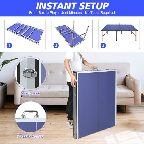 5FT Portable Ping Pong Table, Indoor Outdoor Mid Size Foldable Table Tennis Table, Table Tennis for Rec Room w/ 2 Paddles, 3 Balls, Game Net and Adjustable Feet, Sturdy Iron Frame