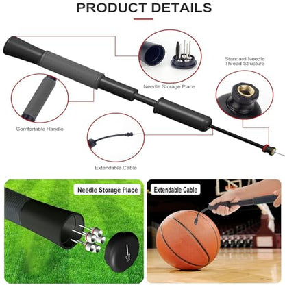 Ball Pump with Needle Storage(Never Lose Pin) Basketball Pump with 5 Needles and Extendable Cable, Soccer Football Pumps, Volleyball Pump Rugby Ball Inflator - Great for All Balls - color: Black