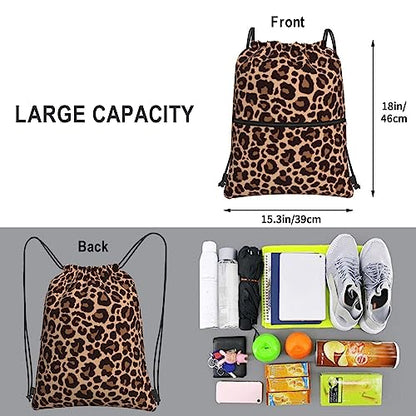 Leopard Printing Drawstring Backpack Bag Sport Gym Sackpack Durable Waterproof Lightweight for Men Women Beach Bag String Bag - color: Leopard Print