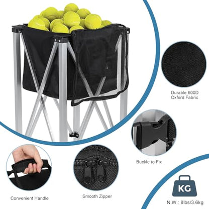 Foldable Tennis Ball Cart with Wheels & Removable Bag, Holds 160 Balls, Aluminum Portable Ball Hopper with Locking Brakes for Tennis Training, Coaching, Sports Practice