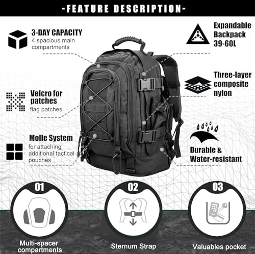 Miramrax Tactical Backpack Military Hiking Daypack - Molle Backpack for Men 3 Day Assault Pack Bug Out Bag for Camping Travel Army Hunting Gym Rucksack Survival (Black) - color: Black