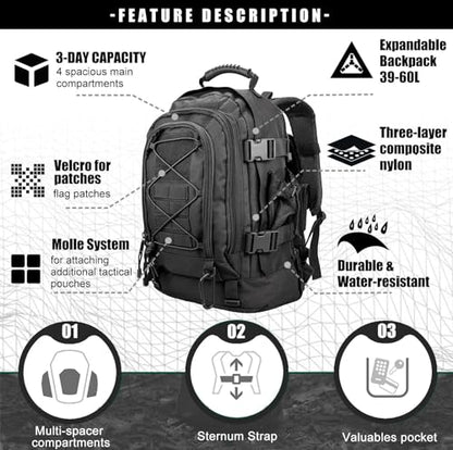 Miramrax Tactical Backpack Military Hiking Daypack - Molle Backpack for Men 3 Day Assault Pack Bug Out Bag for Camping Travel Army Hunting Gym Rucksack Survival (Black) - color: Black