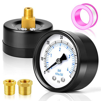 0-60Psi 2" DIAL FACE 1/8" NPT Well Pump Pressure Gauge, with 1/4" NPT and 3/8" NPT Hex Bushing, 3-2-3% Accuracy, Center Back Mount - size: 0-60Psi, style: 1/8"NPT Back Mount