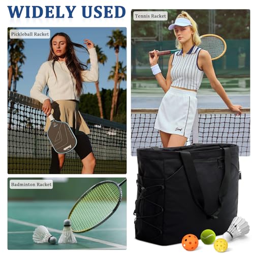 Tennis Gym Bag for Women, Tennis Tote Bag with Shoe Compartment & Wet Pocket, Tennis Racket Bag Holds 2-4 Rackets, Weekend Bag with Laptop Compartment for Men & Women - color: Black