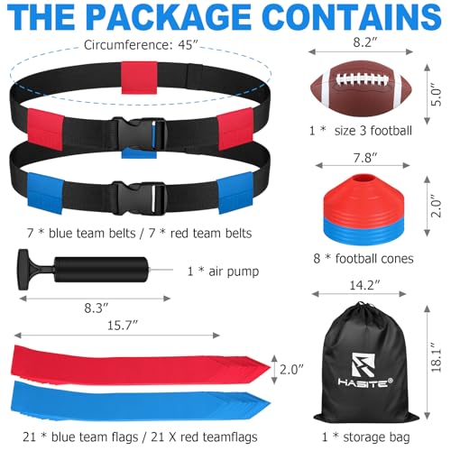 Flag Football Set, 14 Player Adjustable Flag Football Belts, 42 Flags, 8 Practice Cones, Size 3 Football, Pump and Bag, Perfect for Youth, Adults and Children to Capture The Flag