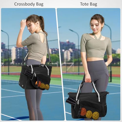 Pickleball Bag for Women Men,Pickleball Tote Bag with Shoe Compartment - color: Black