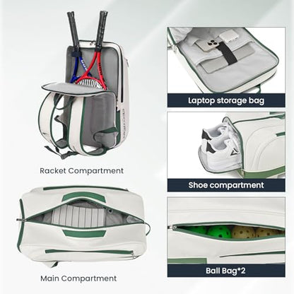 Tennis Racket Bag Pickleball Padel Backpack With Shoe Compartment, Laptop Sleeve,Fence Hook,Ball Sleeve - color: White