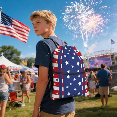 Patriotic Stars Stripes 4th of July Drawstring Bag, Memorial Day Independence Day Red Blue Waterproof Drawstring Bckpack for Gym Sports, Sackpack Bag with Front Zipper Pocket and Inside Zipper Pocket - color: Stars Stripes