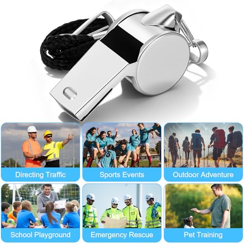 8 Pcs Very Loud Sports Whistles Lanyards with Clip Coach Whistles Stainless Steel Whistle with Lanyard for Wrestling Referee School Football Basketball Team Competition
