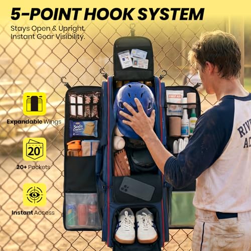 100L Rolling Catchers Gear Bag - Large Baseball & Softball Duffle with 5 Fence Hooks, Locker-Style Organizer, Holds 8 Bats, Vented Shoe Zone - Essential Pro Edition - color: Pro Navy