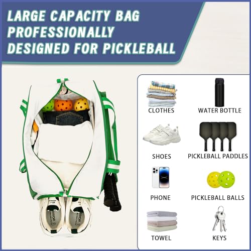 ROYALFAIR Pickleball Tote Bag for Women Men Large Capacity with Paddle Cover Pocket Internal Shoe Pocket and Adjustable Shoulder strap - color: Green