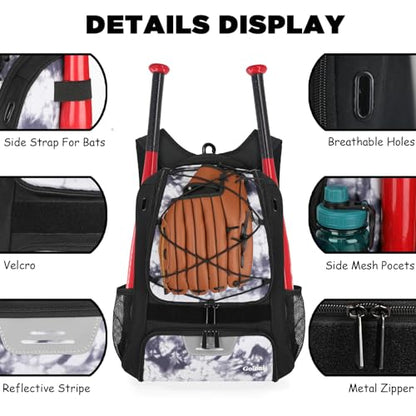 Goloni | Baseball Backpack,Baseball Bag for Adult,Softball Bat Bag with Shoes Compartment,Large Main Compartment for Helmet & accessories, Fence Hook - color: Grey white tie dye