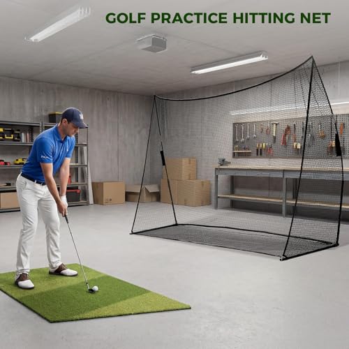 DUMOS Golf Net for Backyard, 10x7 ft Golf Practice Net with Frame, Outdoor Indoor Hitting Net, Personal Driving Range for Home Garage, Sturdy Training Equipment Aids for Swing