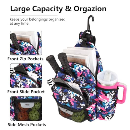 ZOEA Pickleball Backpack Bag for Men Women, Fits 40oz Tumbler, Holds 4 Paddles with Fence Hook, Waterproof Reflective, 7 Pockets Convertible Straps - color: Black