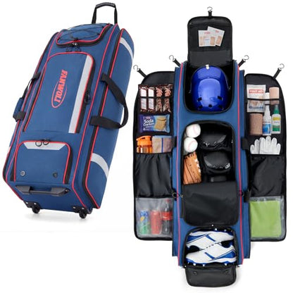 100L Rolling Catchers Gear Bag - Large Baseball & Softball Duffle with 5 Fence Hooks, Locker-Style Organizer, Holds 8 Bats, Vented Shoe Zone - Essential Pro Edition - color: Pro Navy