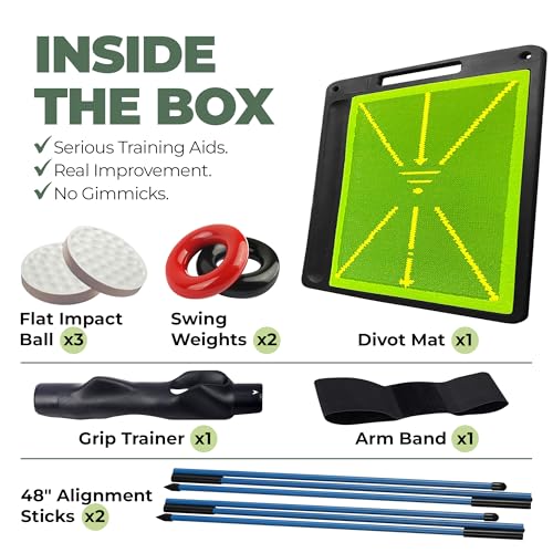 6-in-1 Golf Swing Trainer with Divot Board, Golf Grip Trainer, Alignment Sticks and Training Aid | Golf Accessories for Men & Women | Hitting Mat Practice Indoor & Outdoor