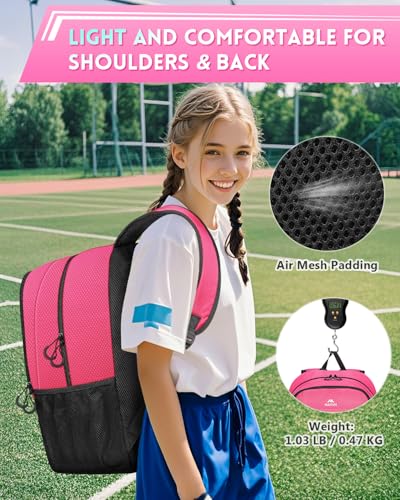 MATEIN Girls Soccer Backpack, Large Basketball Bag with Ball Holder & Shoe Compartment for Tournament & Game Day, Lightweight Youth Sports Bag with Fence Hook Fits 15.6 Inch Laptop, Soccer Team Gifts - color: Pink