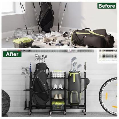 Golf Bag Storage Rack for Garage with Wheels, Holds 2 Golf Bags, Golf Club & Golf Accessories Organizer with Shelves, Accessory Baskets & Glove Holders