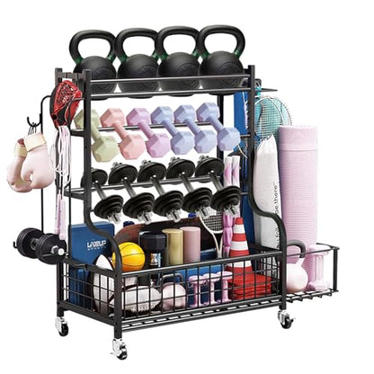 Dumbbell Rack, Weight Rack for Kettlebells, Storage Holder for Yoga and Workout Equipment, Home Gym Storage Rack with Wheels,Hooks and Mesh Top