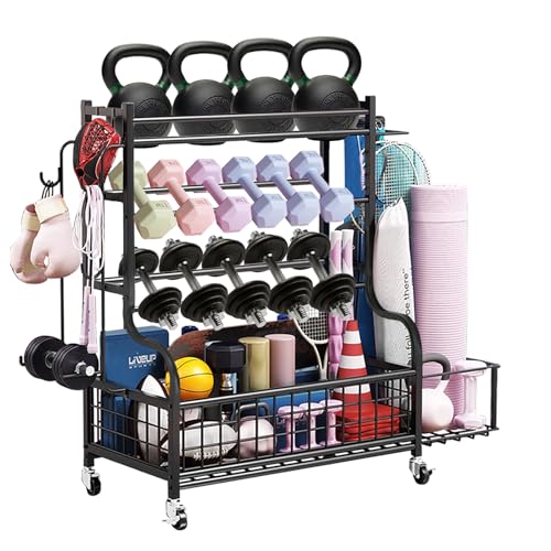 Dumbbell Rack, Weight Rack for Kettlebells, Storage Holder for Yoga and Workout Equipment, Home Gym Storage Rack with Wheels,Hooks and Mesh Top