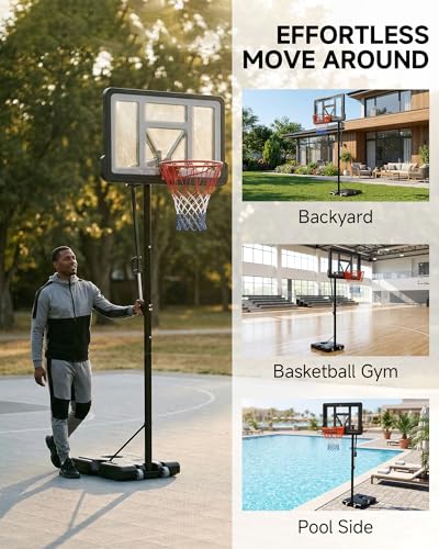 Basketball Hoop Outdoor, 7.7-10ft Height Adjustable, Portable Basketball Hoop & Goal with Fillable Base & 2 Wheels, 44"×30" Backboard for Backyard/Driveway/Indoor, Large